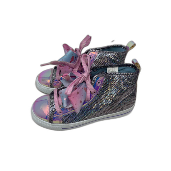 Justice Girl's Bow Silver & Pink Shimmer Glitter Sneakers Shoes Lace Up Size 4 - Picture 7 of 10